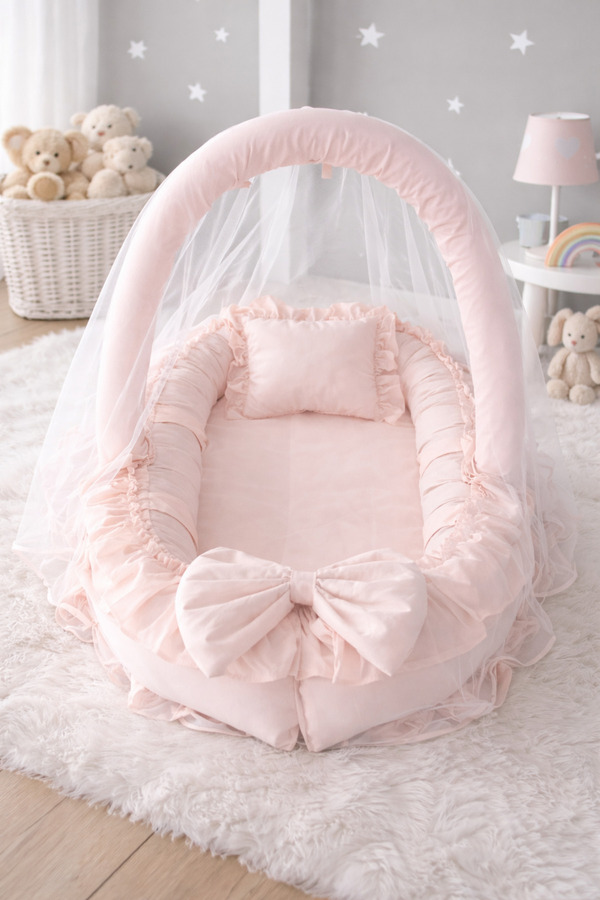 Jaju Baby Somon Cibinlik Tüllü - Oyuncak Askılı Lüx Tasarım Fırfırlı Babynest - Güvenli Premium Jaju Babynest