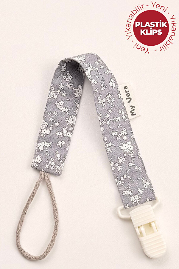 MyVera Gri Çiçek Emzik Askısı - Kumaş Pamuk Bağcıklı Emzik Zinciri - Emzik Tutacağı