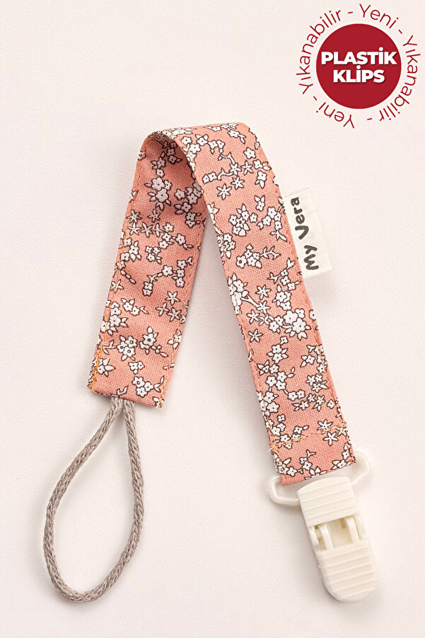 MyVera Yavruağzı Çiçek Emzik Askısı - Kumaş Pamuk Bağcıklı Emzik Zinciri - Turuncu Çiçekli Emzik Tutacağı