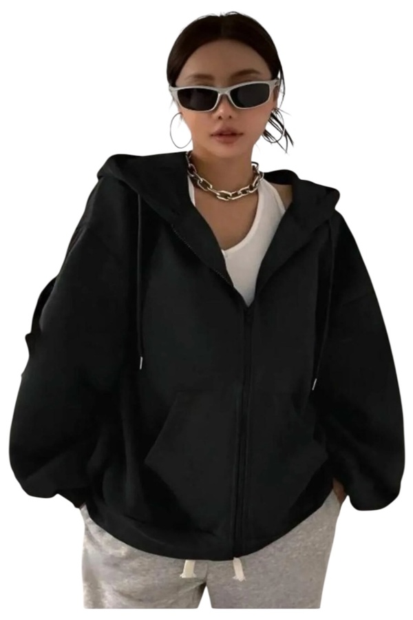 SAAT TEKSTİL Cardigan Black Zippered Hood