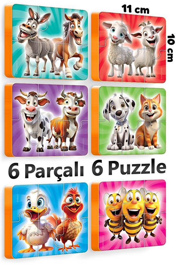 EVAKANCA 6 Parçalı 6 Adet Kalın EVA Çocuk Puzzle Yapboz Çiftlik Hayvanları