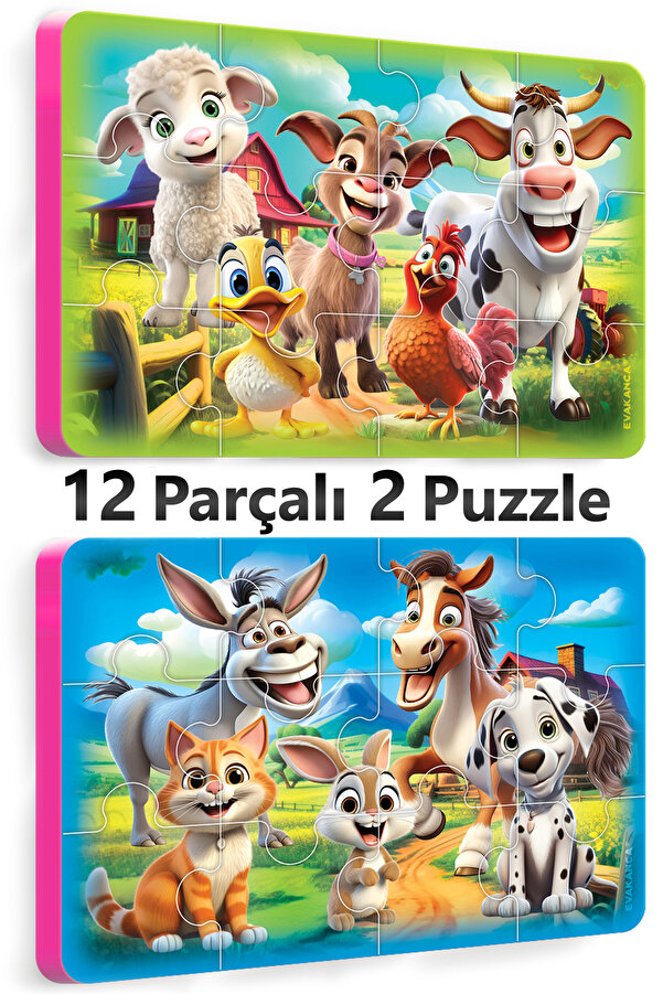 EVAKANCA 12 Parça Kalın EVA Puzzle Yapboz 2'li Çiftlik Hayvanları