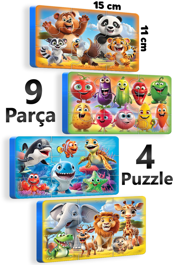 EVAKANCA 9 Parçalı 4 Adet Kalın EVA Puzzle Yapboz Yaban Deniz Hayvanları Sebzeler