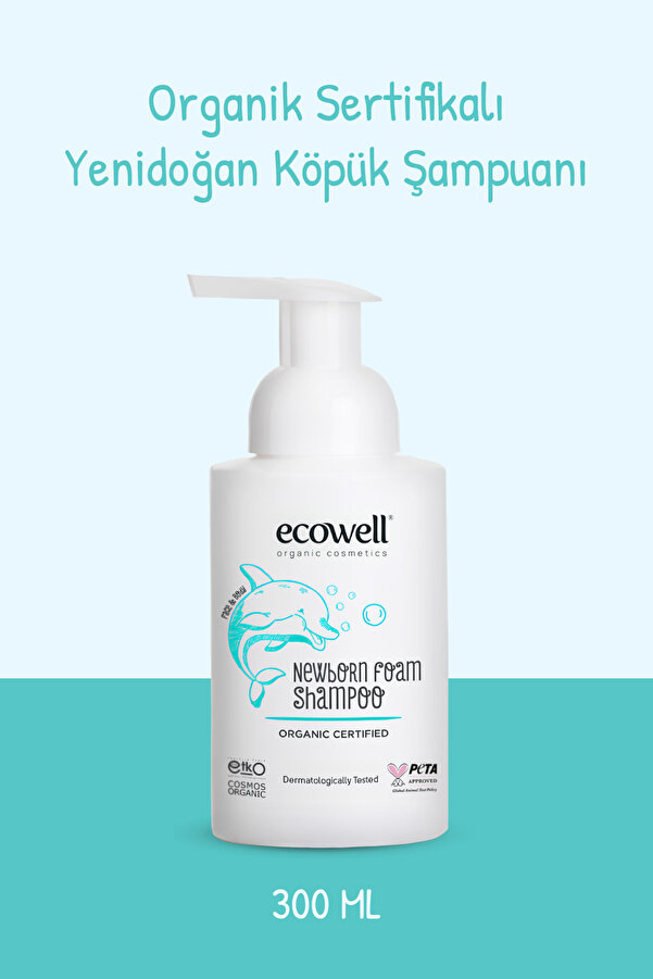 Ecowell Organik Yenidoğan Bebek Saç Ve Vücut Köpük Şampuanı Vegan Sertifikalı Konak Önleyici Kokusuz 300 ml