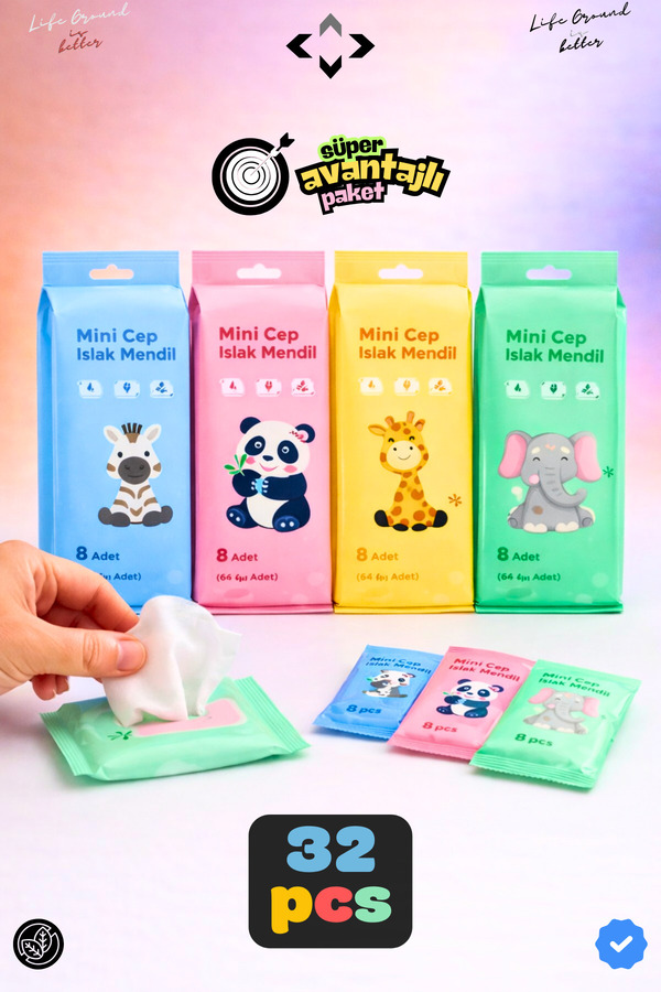 LİGROUND 4x8 32 Paket Mini Cep Islak Mendil Kokusuz Temizlik Bezi Çocuk ve Okul Çanta İçin Taşınabilir Kawaii