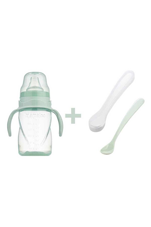 Mamajoo Antikolik Akıtmaz Alıştırma Bardağı 270 ml & İkili Ergonmik Beslenme Kaşığı - Powder Green