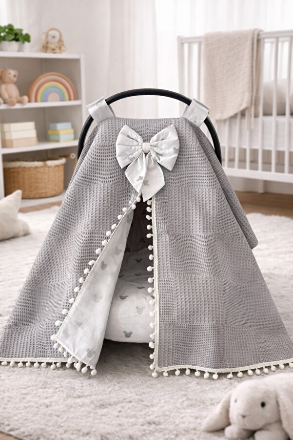 Jaju Baby Gri Waffle Pike - Gri Mickey Kumaş Puset Örtüsü - Çarşafı