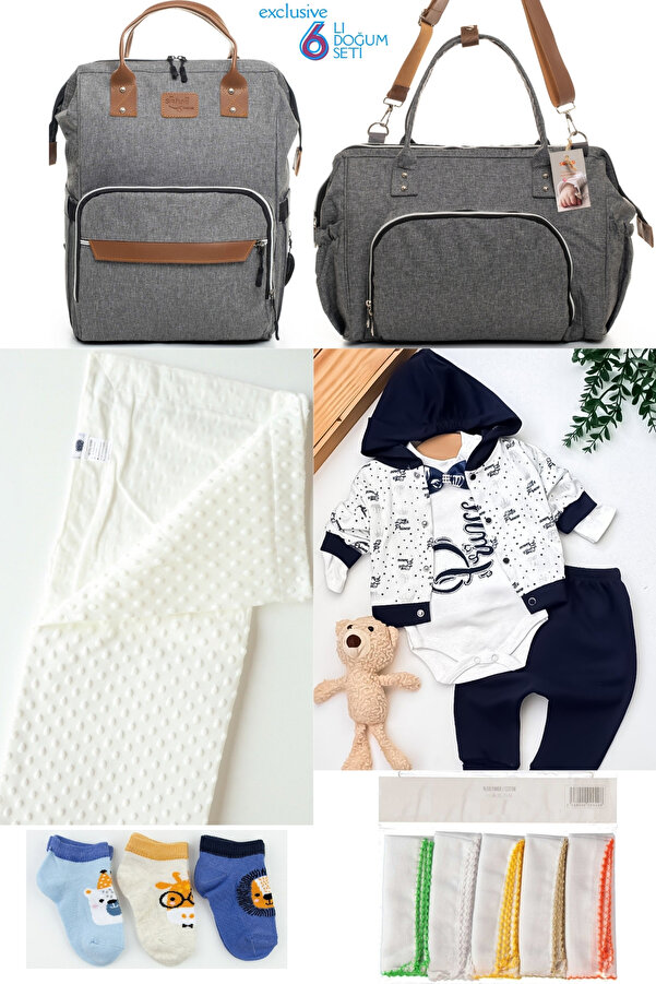 Beyaz Bebek 6’lı Bebek Doğum Seti(HASTANE ÇIKIŞ,ANNE&BEBEK BAKIM OMUZ VE SIRT ÇANTASI,BATTANİYE,ÇORAP VE MENDİL)