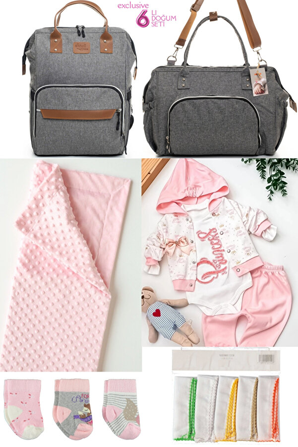 Beyaz Bebek 6’lı Bebek Doğum Seti(HASTANE ÇIKIŞ,ANNE&BEBEK BAKIM OMUZ VE SIRT ÇANTASI,BATTANİYE,ÇORAP VE MENDİL)
