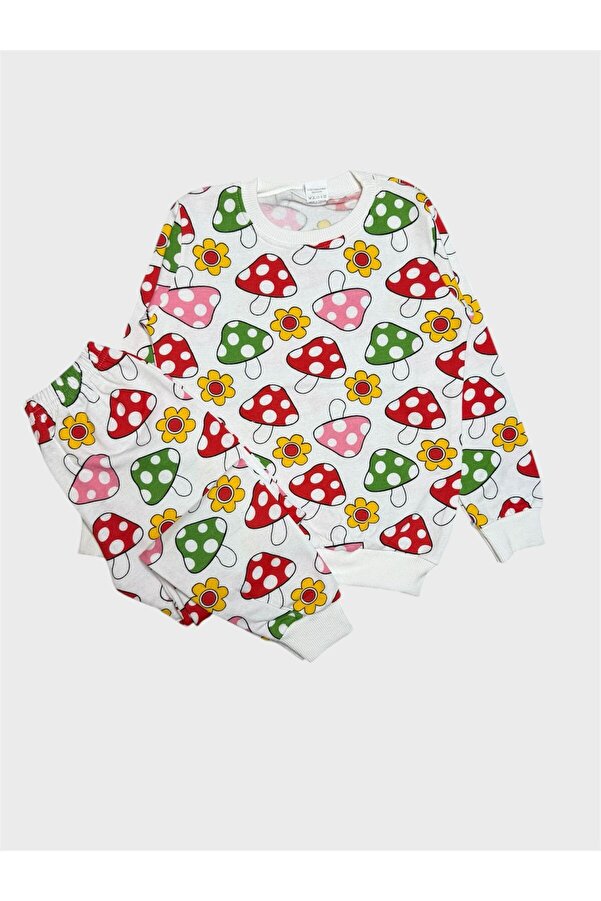 tusem butik homewear Kız Çocuk Pamuklu Şardonlu Beyaz Mantar Desenli Uzun Kollu Kışlık Pijama Takımı