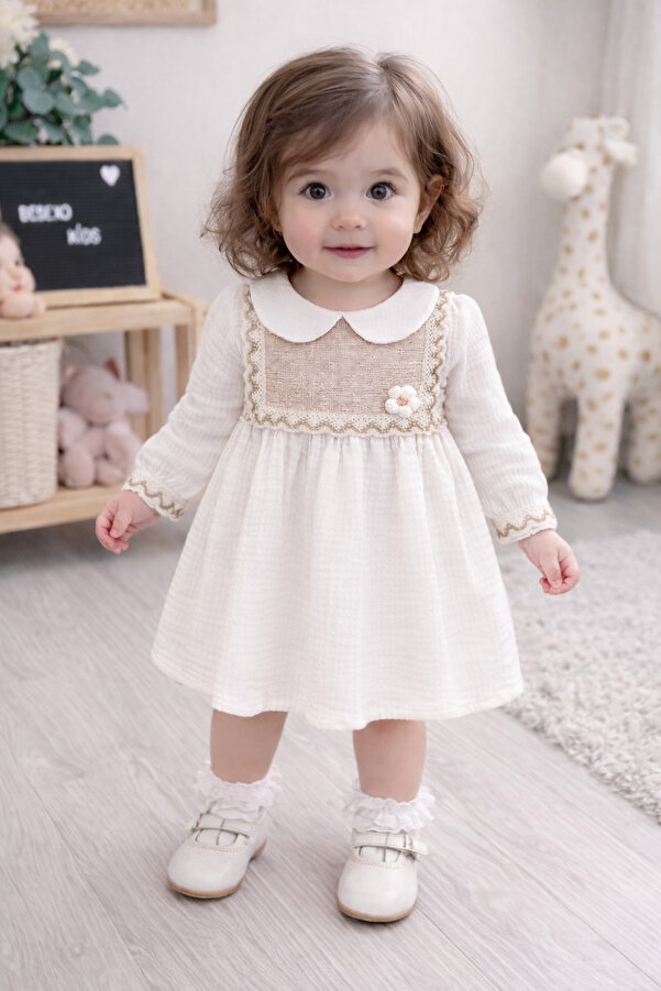 BEBEXO KIDS Kız Bebek Müslin Kumaş Papatyalı Nakış Detaylı Elbise|9-12-18-24 Ay