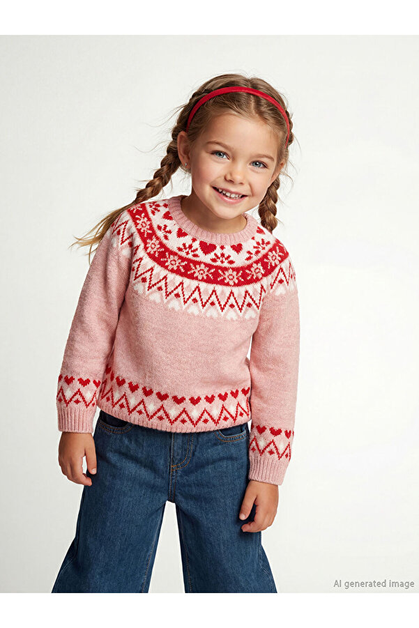 LC Waikiki Pembe Bisiklet Yaka Desenli Kız Çocuk Triko Kazak