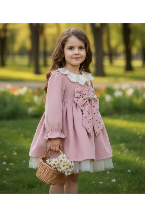 LİTTLE ANGELS Fisto Yakalı Fiyonk Detaylı Bebek Elbise