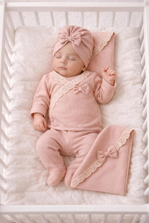 BYS BABY FASHION %100 Pamuklu 10 Parça Raporlu Fistolu Kumaş Yenidoğan Kız Bebek Hastane Çıkış Seti (Kutulu)