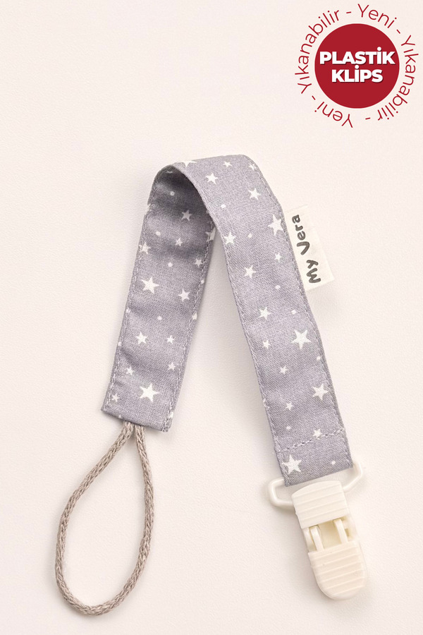 MyVera Yıldız Desenli Gri Emzik Askısı - Kumaş Pamuk Bağcıklı Emzik Zinciri - Emzik Tutacağı
