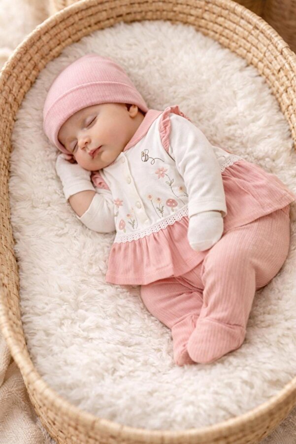 BYS BABY FASHION 5 Parça %100 Pamuk Çiçek ve Mantar İşlemeli Yenidoğan Kız Bebek Hastane Çıkış Seti (Kutulu) 0-3 ay