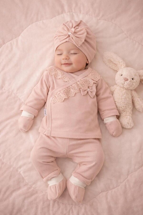 BYS BABY FASHION Mevsimlik %100 Pamuklu 5'li Fiyonklu Fistolu Yenidoğan Kız Bebek Hastane Çıkış Zıbın Seti Kutulu