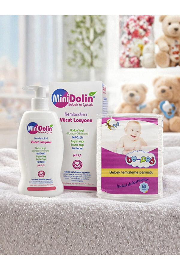 Dermadolin MiniDolin 250 ml Bebek Nemlendirici Vücut Losyonu ve BePed Bebek Temizleme Pamuğu 60'lı