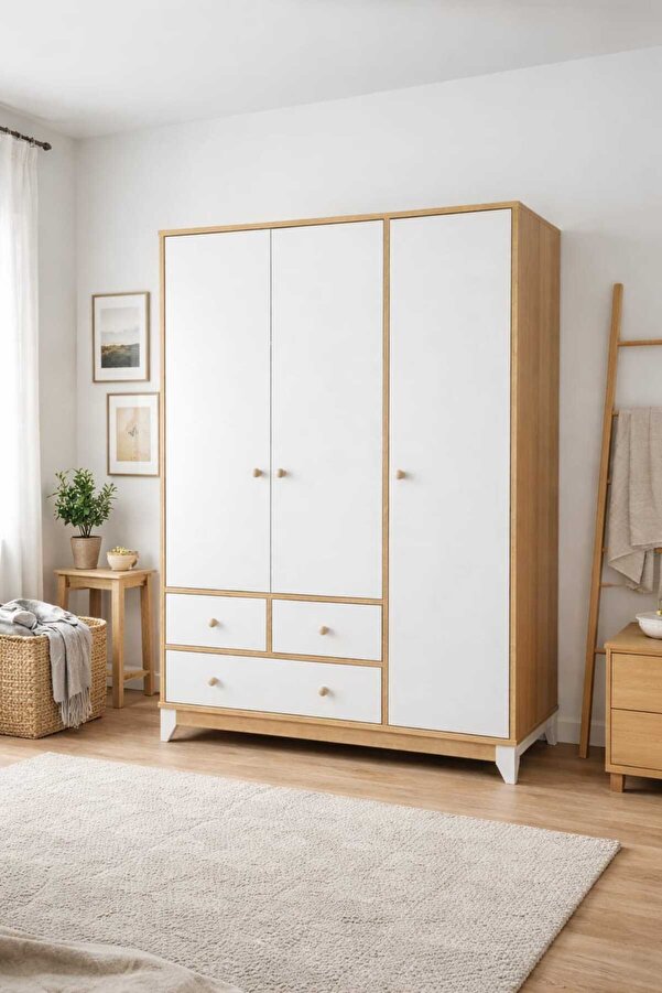 Koza %100 MDF Bonnie Ahşap Beyaz 3 Kapılı Bebek&Çocuk Gardırop