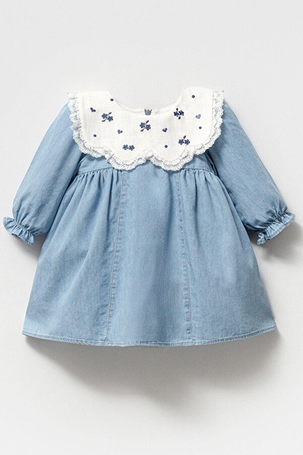 cantoy Nakış İşlemeli Dantel Yaka Detaylı Bebek Jean Elbise