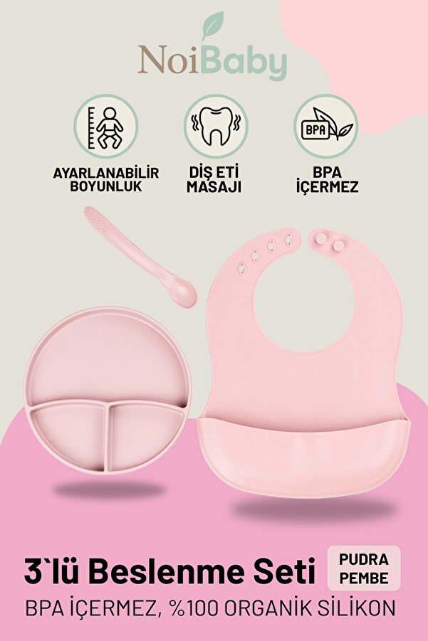 NoiBaby Vakum Tabanlı Silikon Tabak -Diş Kaşıyıcılı Kaşık-Silikon Önlük-Bebek Beslenme Seti 3'lü Set-(Pembe)