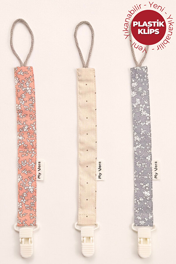 MyVera Yavruağzı Vizon Puantiye Gri Çiçek Emzik Askısı Seti - 3'lü Emzik Zinciri Seti - %100 Pamuk Kumaş