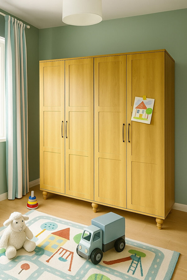 arionkids Alin Wood Dolap 4 Kapaklı-Çekmeceli | %100 MDF | REHAU Kapaklı | Çekmeceli | Ağaç Ayaklı