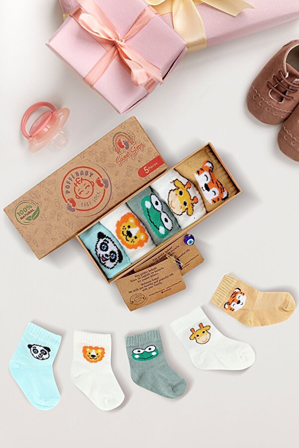 poffibaby 5 li Sevimli Dostlar Kutulu Premium Organik Pamuk Unisex Bebek Çorabı