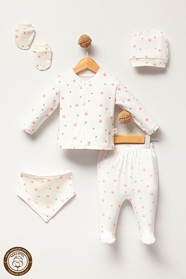 MAHFEL Pembe Çiçek Desenli Kız 5'li Yenidoğan Bebek Hastane Çıkış Seti