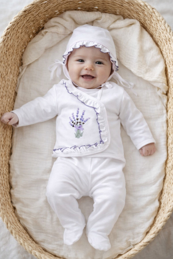 Bilge Trend KIZ BEBEK YENİ DOĞAN BEYAZ LAVANTA NAKIŞLI LÜKS HASTANE ÇIKIŞI %100 PAMUK