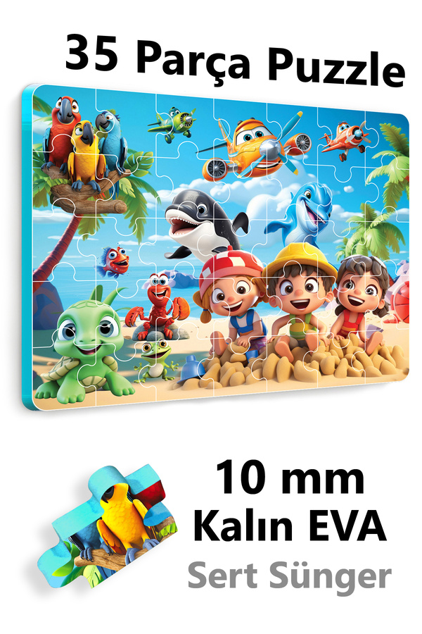 EVAKANCA 35 Parçalı Kalın Çocuk Puzzle Yapboz Plajda Çocuklar