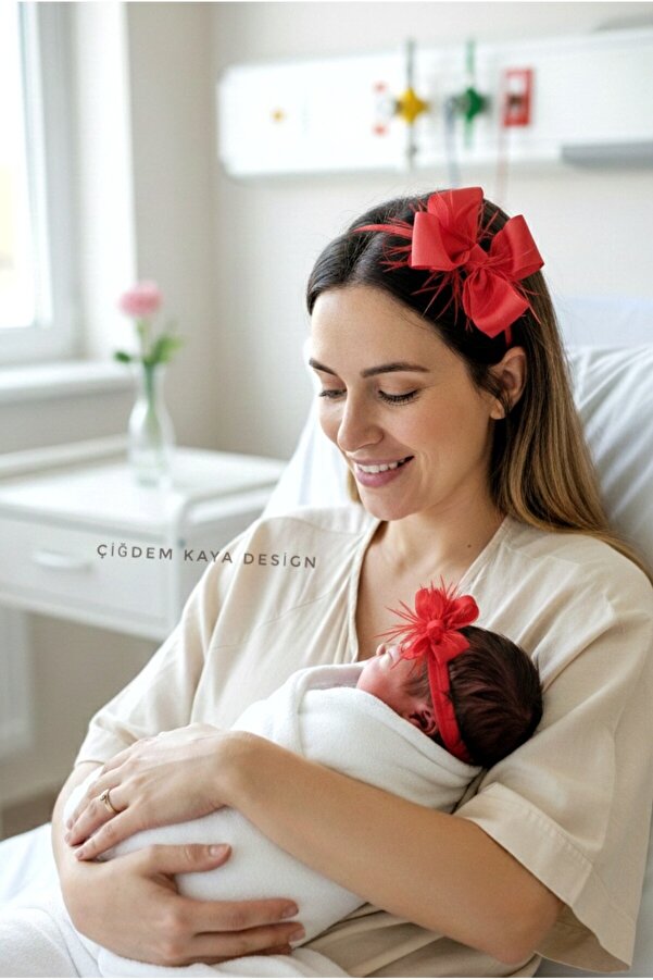 çiğdem kaya design Anne bebek Kırmızi fiyonklu tüylü lohusa Taç seti