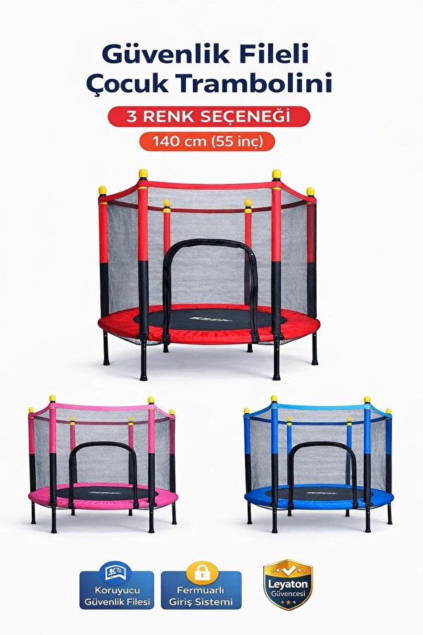 Leyaton Güvenlik Korumalı Fileli 140 Cm Özel Fermuar Güven Konforlu Çocuk Trampolini 55 İnç Trambolin