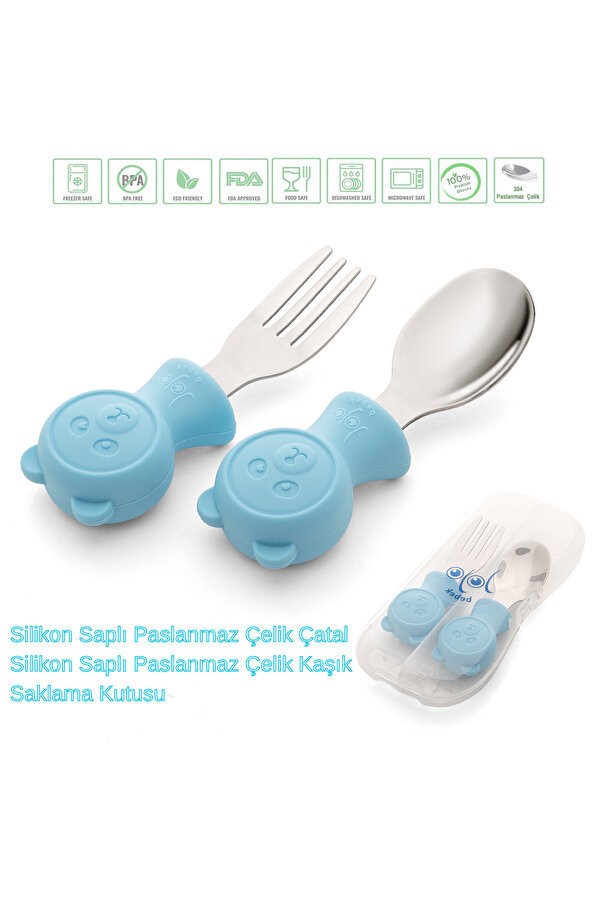 jojobebek Premium Çocuk BPA Free Kaliteli Silikon Saplı Paslanmaz Çelik Uçlu Çatal-Kaşık MAVİ