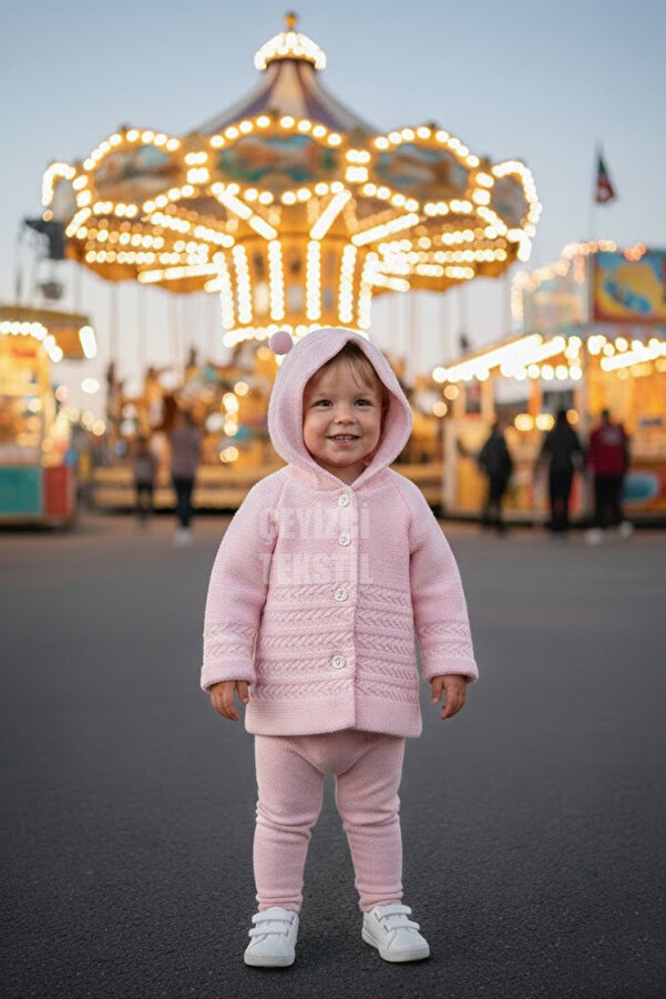 Çt Çeyizci Tekstil Kapşonlu Bebek Hırkası, Düğmeli Hırka, Triko Bebe Hırkası - Pudra Renk