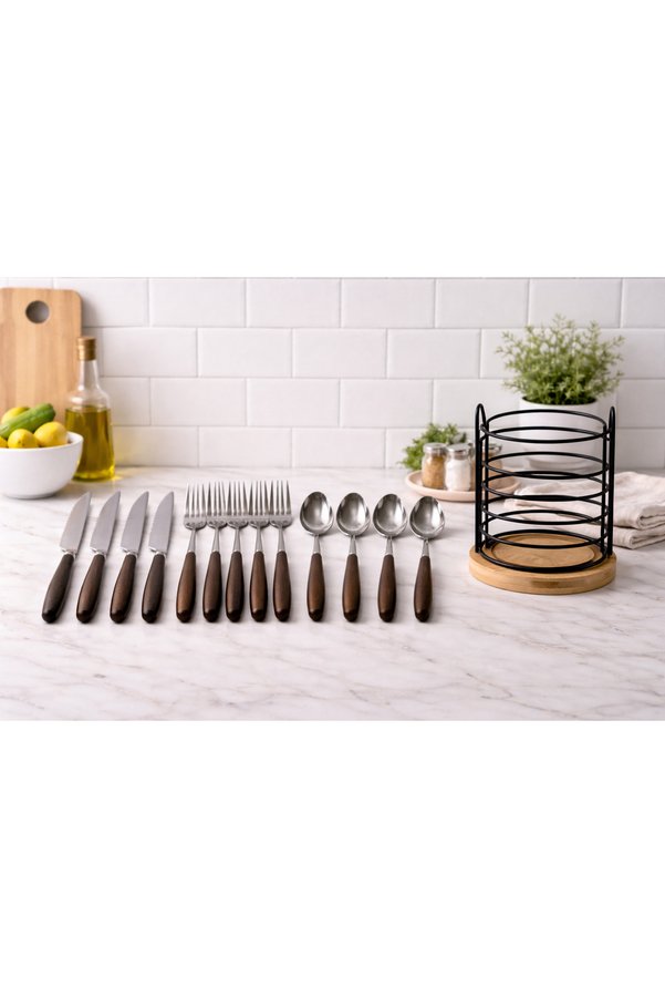 ALLEGRI 18-Piece Acacia Handle Stainless Steel Dinner Forks Knives and Spoons + Stylish Metal Cutlery Set