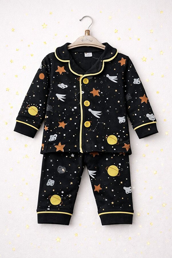 derin baby %100 Pamuklu Uzay Desenli Alt-Üst Erkek & Kız Unisex Pijama Takımı