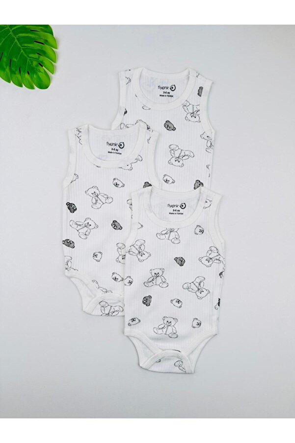EFU BABY 3'lü %100 Pamuklu Ayı Desenli Fitilli Unisex Bebek Atlet Body Zıbın