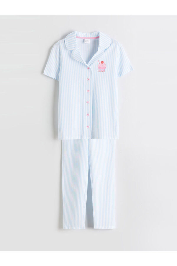 LC Waikiki M&B Collection White Shirt Collar Striped Girls' Pajama Set