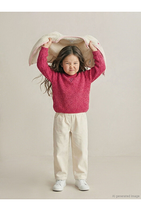 LC Waikiki Esse Collection Fuşya Kalp Nakışlı Kız Çocuk Triko Kazak