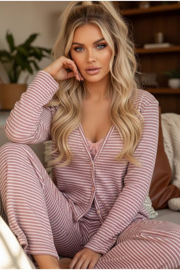 Siyah İnci pink white brushed soft-textured ribbed knit buttoned cardigan pajama set 7963