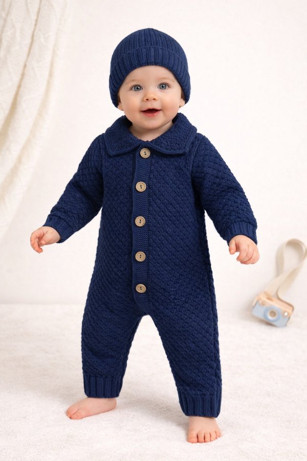 Nehad Bebe Knitwear Baby Rompers Buttoned Collar Detailed Long Sleeve Unisex Baby Girl Boy Rompers Navy Blue