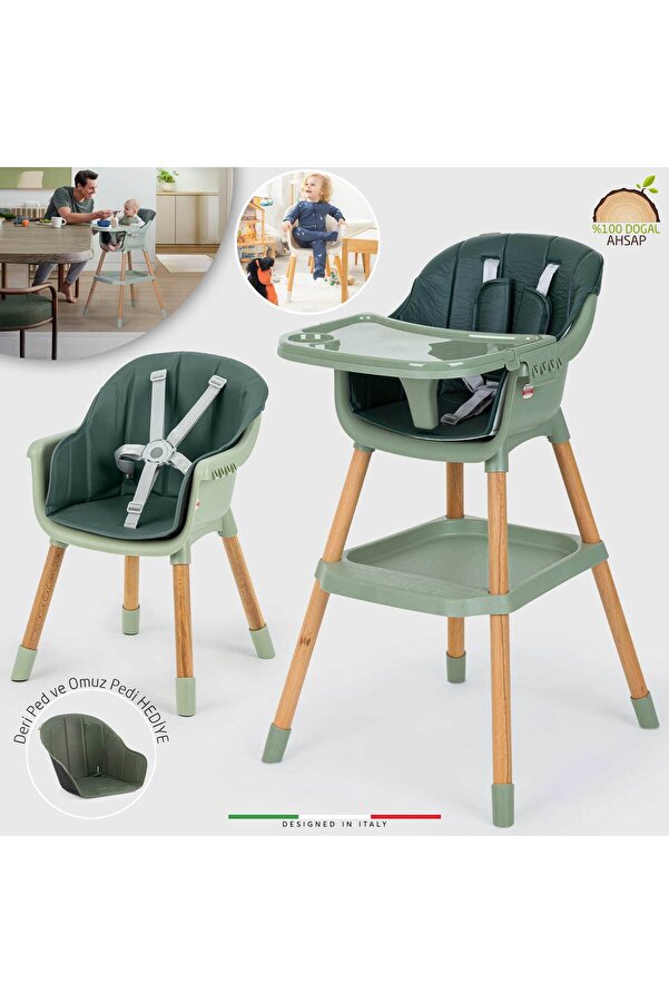 Elele Verona 2 4in1 Ahşap Bebek Mama Sandalyesi ve Mama Oturağı Deri Pedli Yeşil