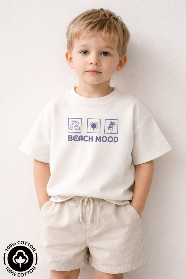 Miniel Unisex Bisiklet Yaka Beach Mood Baskılı %100 Pamuklu Oversize T-shirt Bebek-Çocuk