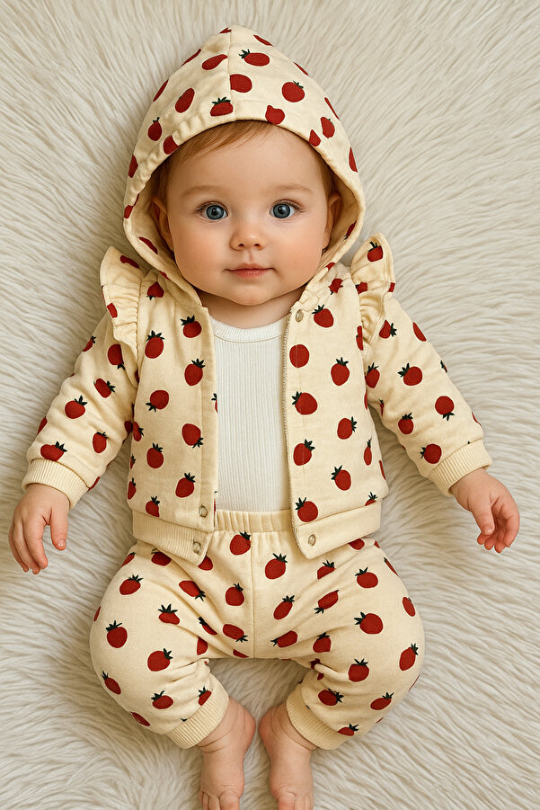 Linda Harris Strawberry Pattern Krem Kapüşonlu 3’lü Bodyli 3’lü Yenidoğan Bebek Takımı
