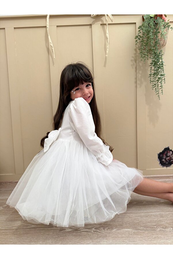 penu baby kids Beyaz Uzun Balon Kumaş Kol Altı Tütülü Kız Bebek Elbise - Cinderella