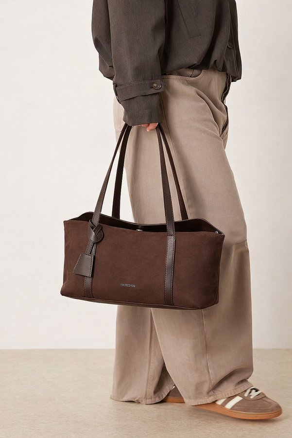 Housebags Suede Brown Bowling Shoulder Bag 270