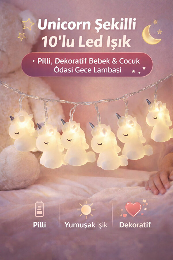 Ecuy Unicorn Şekilli 10'lu Led Işık – Pilli, Dekoratif Bebek & Çocuk Odası Gece Lambası
