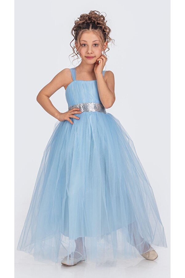 Mnk Sırt Gipeli Tütü Etek Kız Çocuk Saten Parti Abiye Elbise MNK0340 TURKUAZ