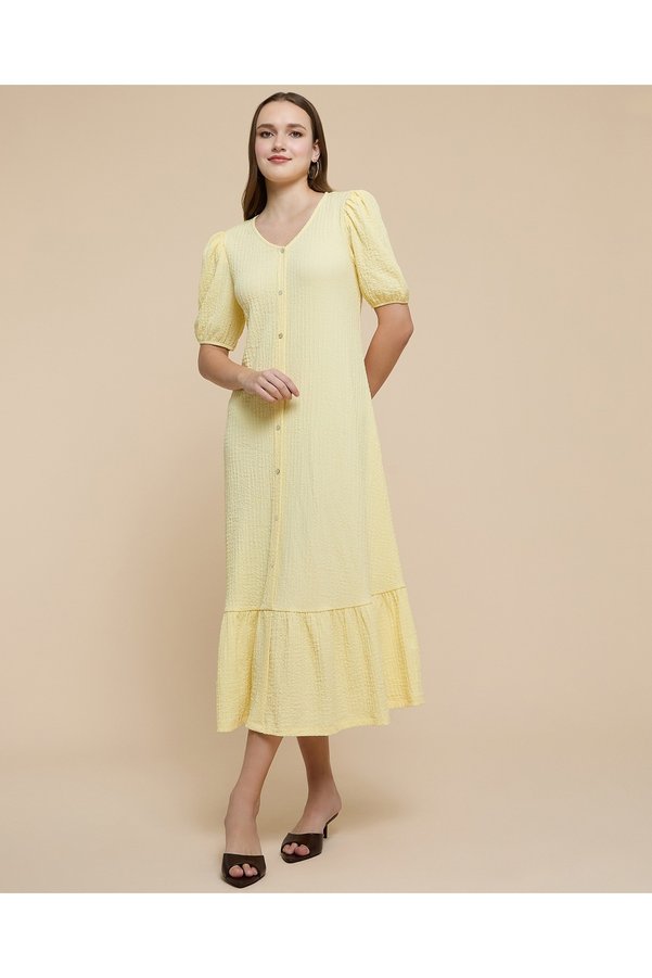 R&B Textured A-Line Dress With V-Neck And Puff Sleeves